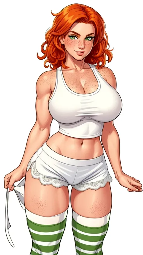 Lacy Lemon, pretty woman, ginger hair, midriff, white cloth hotpants,tank top, short shorts, freckles, large breasts,  rubenesque, thigh high striped socks, far shot

green eyes,

white background, blank background, 