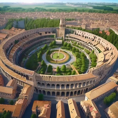 Beautiful, realistic aerial view of medieval Roman society., The city sprawls across the landscape with its many intricate stone buildings and cobbled streets., The mighty Colosseum dominates the centre., bustling market, and lively squares filled with peo...