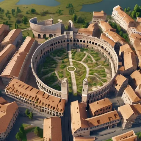 Beautiful, realistic aerial view of medieval Roman society., The city sprawls across the landscape with its many intricate stone buildings and cobbled streets., The mighty Colosseum dominates the centre., bustling market, and lively squares filled with peo...