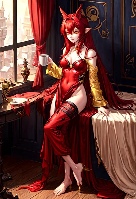 Estilo League of Legends, long hair redhead girl, with red feathered ears and sharp yellow eyes, full body, using rest set,pajamas, with cup of coffee in hand. background of room in the morning, Master pice, full HD, maximum quality.