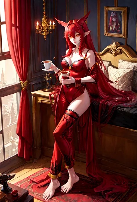 Estilo League of Legends, long hair redhead girl, with red feathered ears and sharp yellow eyes, full body, using rest set,pajamas, with cup of coffee in hand. background of room in the morning, Master pice, full HD, maximum quality.