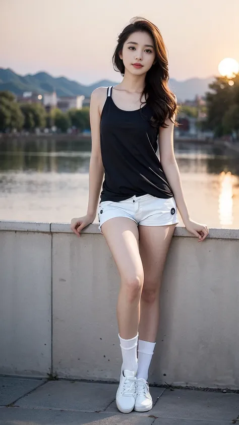  (masterpiece, top quality, best quality,1girls,Korean, beautiful face, smile, long hair, 19 years old, Tank top, shorts, White shoes, hills, full body view, sunset， Bangs to eyebrows、Beautiful brown hair、Beautiful and delicate eyes、Brown eyes、Raise an eye...