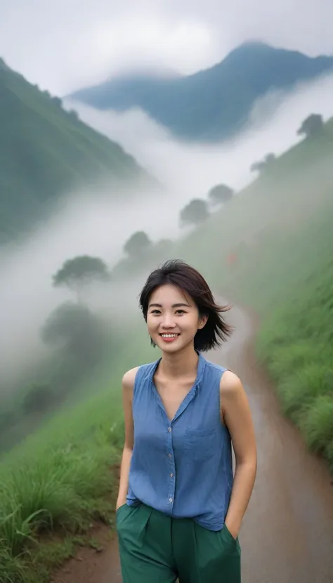 Beautiful Korean Woman, Chest size 34 inches, Wearing high-end luxury brand sleeveless and high-quality casual pants., Foggy scenery of Sapa, Vietnam, I can see the trail, Short and medium hair blowing in the wind, Taken from a distance with a wide angle l...