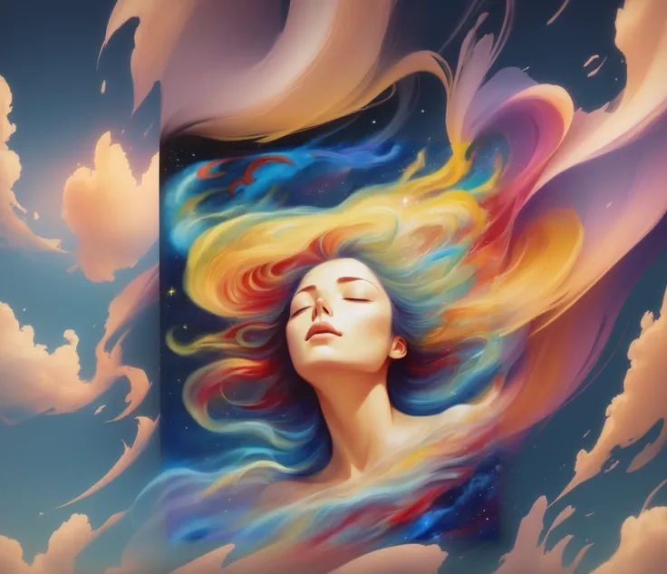 Painting of a woman with colorful hair floating in the air, inspired Cyril Rolland, Ladsとロイス・ヴァン・バールル, Cyril Rolland, Cyril Rolland風, inspired Lads, In the astral world ) ) ), Dreamy digital painting, Lads, Just a joke, Beautiful Art UHD 4K, Dreaming Face