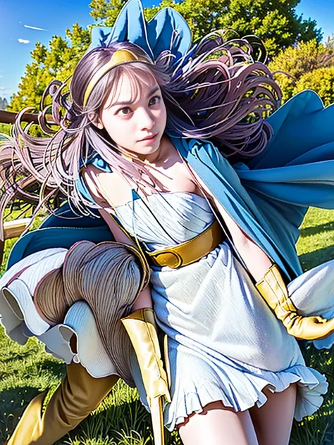 sage_(dq3), 
(walking), (the vast grasslands:1.6), (strong wind blows up dress:2.0), (reveals panties:2.0), 
(long_blue_hair), (small_breast), (cleavage), (nipples), (bare_shoulders), 
(circlet:1.6), ((yellow_gloves:1.6)), (white_dress:1.8), (belt_bag:1.6)...