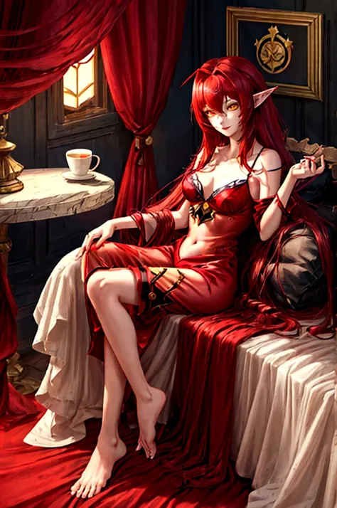 estilo league of legends, long hair redhead girl, with red feathered ears and sharp yellow eyes, full body, using rest set,pajam...