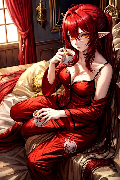 Estilo League of Legends, long hair redhead girl, with red feathered ears and sharp yellow eyes, full body, using rest set,pajamas, cute pajama, with cup of coffee in hand. background of room in the morning, Master pice, full HD, maximum quality.