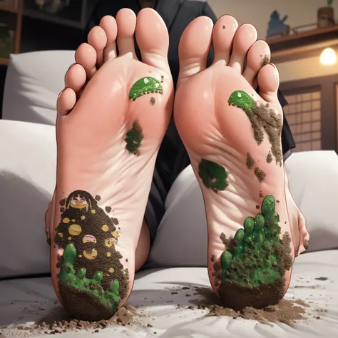 a lady sitting on the sofa，The feet were covered with dirt, Kago Shintaro, feet art pov, feet art, Dirt - Skin, wart, sore, Giantess Art, dirt stains, full of tar, Junji is 4k, High bottom, Detailed feet POV, Japanese cartoons, Algae feet, comics