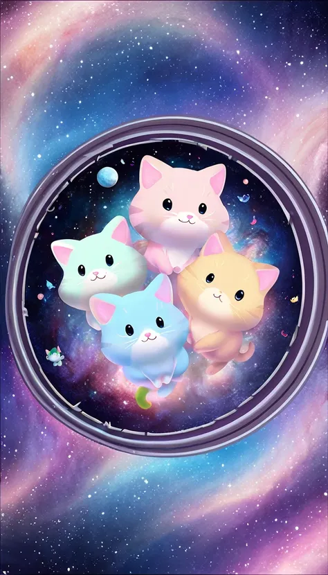 best quality, super fine, 16k, 2.5D, delicate and dynamic depiction, cute plump cats floating around, Infinite space, fantasy wonderland, zero gravity, cute pastel textures, pop art effects