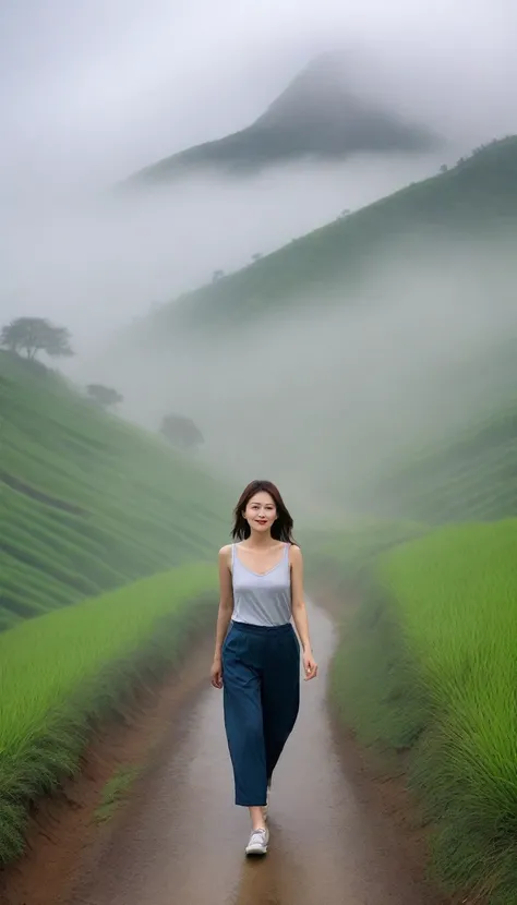 Beautiful Korean Woman, Chest size 34 inches, Wearing high-end luxury brand sleeveless and high-quality casual pants., Foggy scenery of Sapa, Vietnam, I can see the trail, Short and medium hair blowing in the wind, Taken from a distance with a wide angle l...