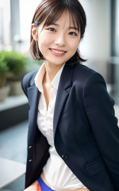 （（（inside the company）））、wearing a business jacket,look at the camera with a smile、（panties:1.5）、woman, 20-year-old, short hair,...