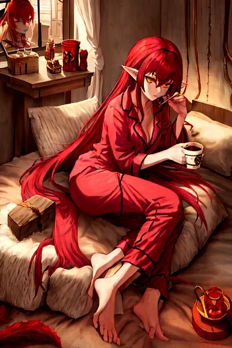 estilo league of legends, long hair redhead girl, with red feathered ears and sharp yellow eyes, full body, using rest set,pajam...