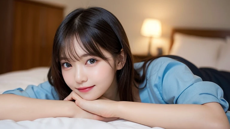 Tabletop, Highest quality, shape, Very detailed, finely, High resolution, 8k wallpaper, 完璧なダイナミックな構shape, On the bed,One Girl, Beautiful and detailed, pajamas, ランダムなcute髪,Natural color lip, Lie down in bed, Sleep together,Bold sexy pose,smile、20-year-old g...