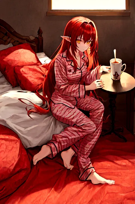 , long hair redhead girl, with red feathered ears and sharp yellow eyes, using rest set,pajamas, cute pajama, with cup of coffee...