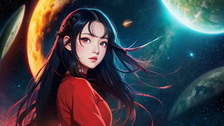 Asian girl in alien space between the North Star and the Big Dipper、Anime Style、Long black hair、Red Eyes、Red clothes