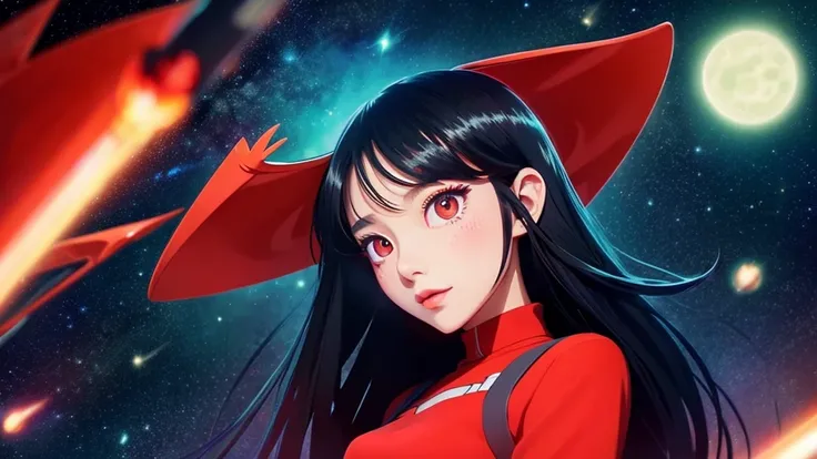 Asian girl in alien space between the North Star and the Big Dipper、Anime Style、Long black hair、Red Eyes、Red clothes