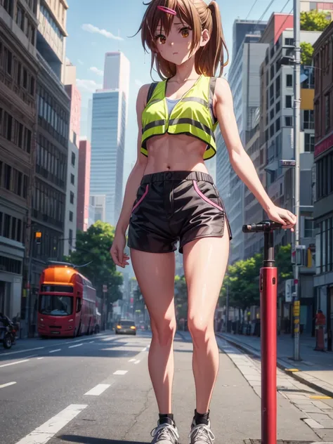 Girl, short short, Unbuttoned safety Reflective vest on a naked body , You can see her breasts, Road works  background , openlegs, Bare chest, small breast, slim body, slim legs, wet body, Sneakers 