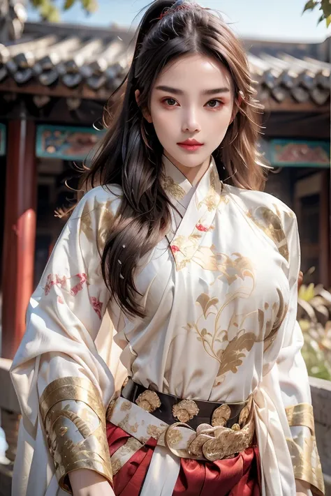 ((you are a beautiful woman.)), fei yu_robes, hips up, scenery of ancient chinese houses, evening, red mouth, high nose, big bre...