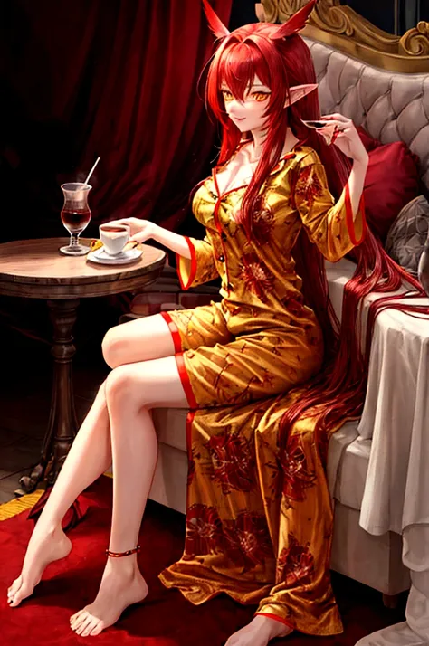 , long hair redhead girl, with red feathered ears and sharp yellow eyes, using rest set,pajamas, cute pajama, with cup of coffee in hand. background of room in the morning, Master pice, full HD, maximum quality.