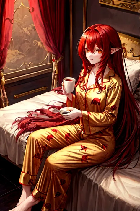 , long hair redhead girl, with red feathered ears and sharp yellow eyes, using rest set,pajamas, cute pajama, with cup of coffee...