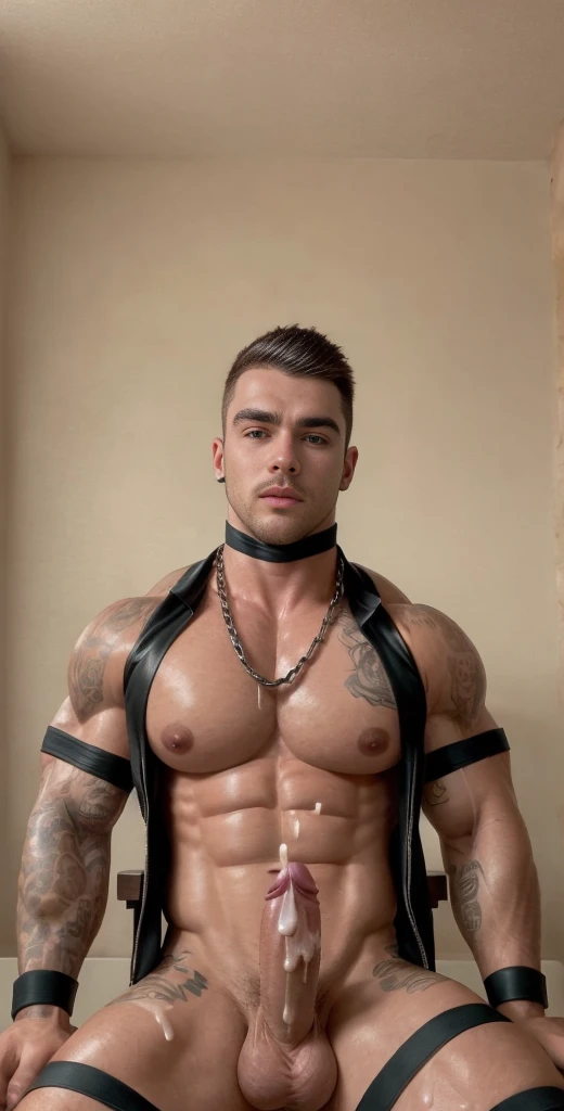 (masterpiece, intricately detailed, highest resolution, best quality:1.2), (doujin), a cocky Brazilian Instagram influencer, buzz cut, a 24 y.o muscle stud with a muscular physique sitting on a chair with black eyes,full-body tattoo, dark-skinned male, cle...