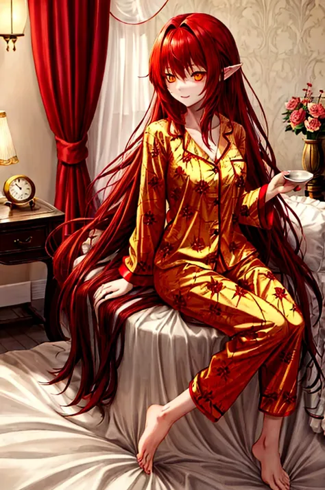 , long hair redhead girl, with red feathered ears and sharp yellow eyes, using rest set,pajamas, cute pajama, with cup of coffee...