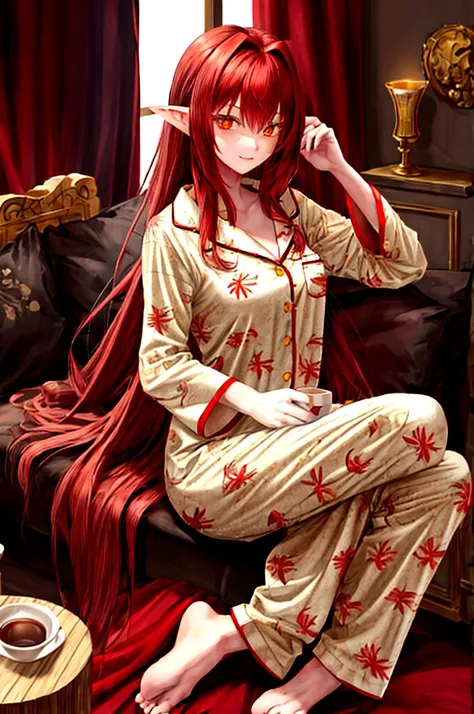 , long hair redhead girl, with red feathered ears and sharp yellow eyes, using rest set,pajamas, cute pajama, with cup of coffee in hand. background of room in the morning, Master pice, full HD, maximum quality.