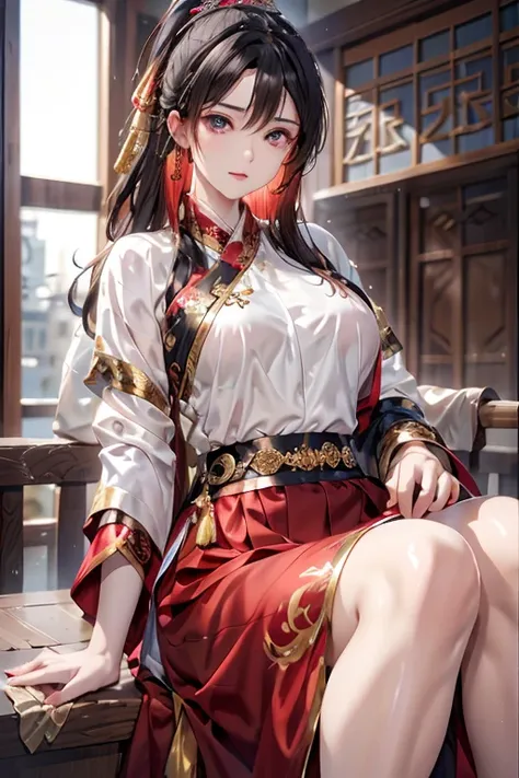 ((you are a beautiful woman.)), fei yu_robes, hips up, scenery of ancient chinese houses, evening, red mouth, high nose, big bre...