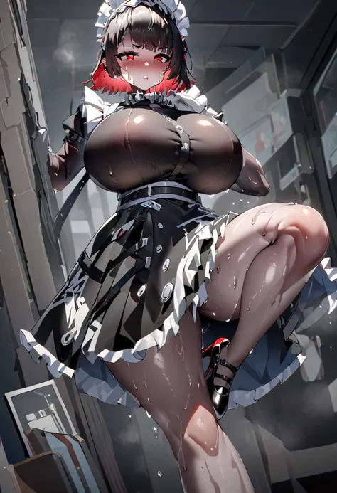 woman，Twenties，Red eyes，black比基尼，超级无比Huge breasts,Huge breasts，One leg raised，Standing on one leg，black长发，Maid headdress，White-dissolved skin，Sweating，black，High heel