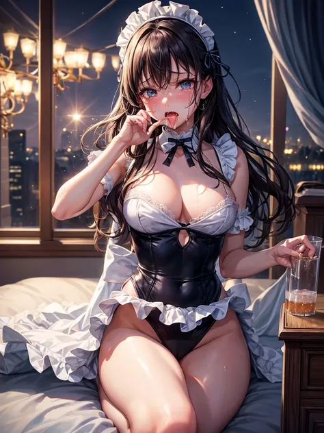 Highest quality,Highest Resolution,A crying beauty in a maid leotard,Tears,(((Open your mouth wide and spit a lot))),Drink a drink,Bedroom,Night view outside the window,High leg,Ｔback,whole body,Very beautiful eyes,Sweating profusely,