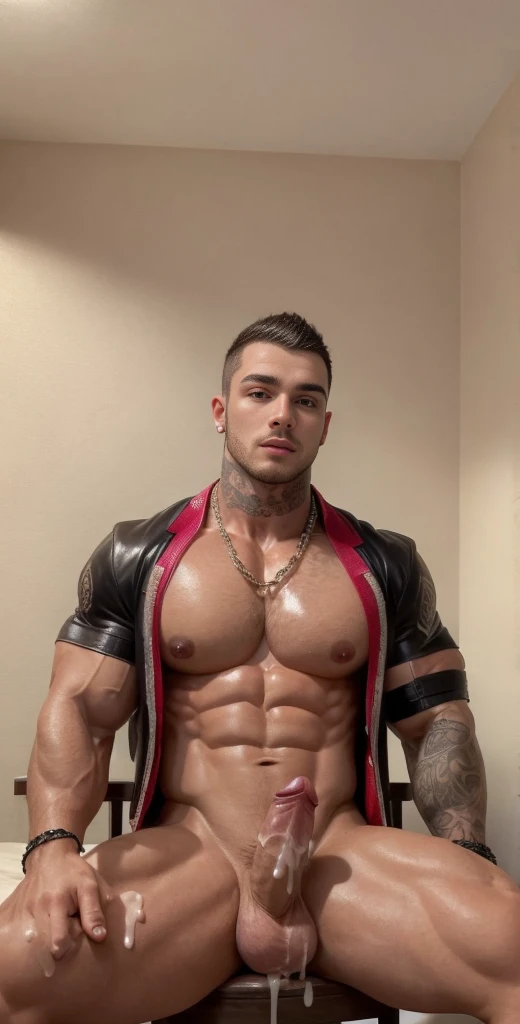 (masterpiece, intricately detailed, highest resolution, best quality:1.2), (doujin), a cocky Brazilian Instagram influencer, buzz cut, a 24 y.o muscle stud with a muscular physique sitting on a chair with black eyes,full-body tattoo, dark-skinned male, cle...