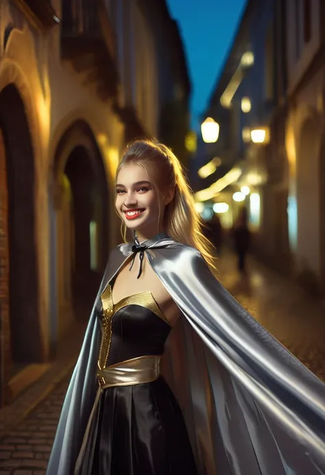 Vampyfangs1,(RAW photo) , 1girl, cute, 20 years old, long blonde hair in ponytail, smiling, look at viewer, ((((silver and gold lined satin cape tied at the neck)))+++, side spilt skirt , photo, realistic, best quality, hires, detailed face, detailed backg...