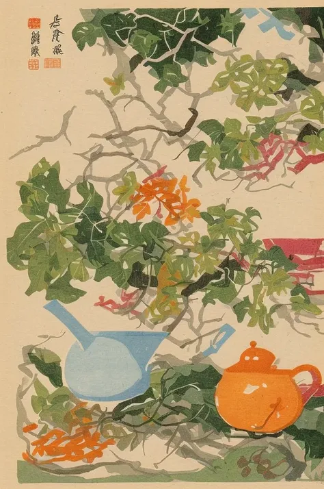 illustration, simple lines, making Chinese teaม Preparing equipment Draw a neat picture of a teapot, teacup, tea leaves, kettle, and measuring spoon