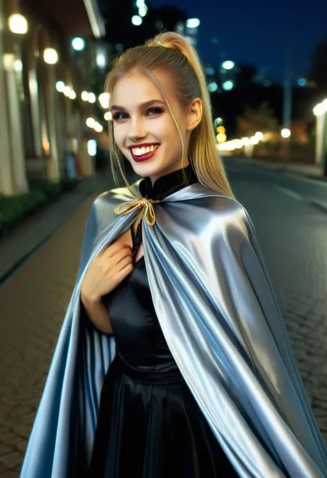 Vampyfangs1,(RAW photo) , 1girl, cute, 20 years old, long blonde hair in ponytail, smiling, look at viewer, ((((silver and gold lined satin cape tied at the neck)))+++, side spilt skirt , photo, realistic, best quality, hires, detailed face, detailed backg...