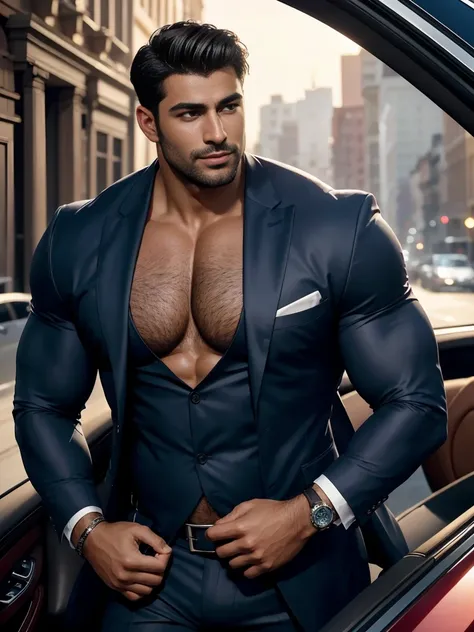 8K，8K resolution，2 Muscular Europeans, handsome man，charming eyes，dark skin,beautiful, smooth and shiny，Full muscles，Thick body hair， (wearing a stylish suit)，big bag highlights，Excellent j8，emphasize，Driving a luxury convertible，The car is full of roses，T...