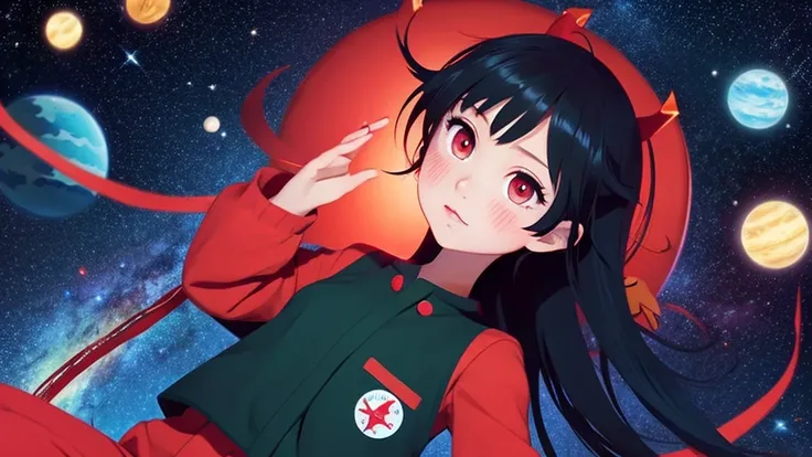 Asian girl in alien space between the North Star and the Big Dipper、Anime Style、Long black hair、Red Eyes、Red clothes、Black trousers