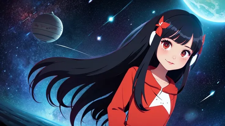 Asian girl in alien space between the North Star and the Big Dipper、Anime Style、Long black hair、Red Eyes、Red clothes、Black trousers