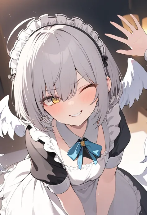 1 Girl，Maid clothes，Gray Hair，Wink，short hair，Beautiful Hands，Highest quality，masterpiece，Beautiful composition、Yellow eyes、Serious、Open only one eye、Flash from the eyes、Flash from the eyes、A big smile