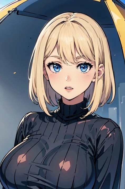  short blonde hair, detailed face, busty,big breasts, breasts,((boob tent,tight black turtleneck sweater)