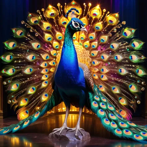 peacock，front upright，crystal sparkle，peacock开屏，looking at the audience，fantasy，colorful tones，masterpiece，dramatic ethereal bea...