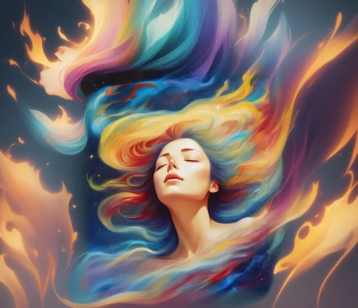 Woman with colorful hair floating in the air, Dreaming Face