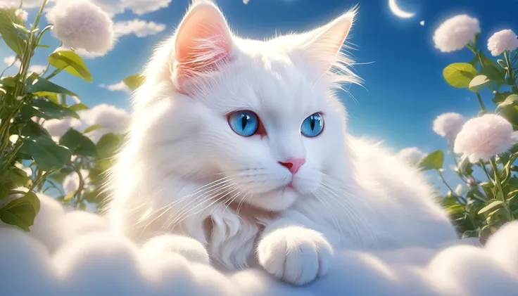 there is a white cat lying in the clouds, adorable digital painting, cute digital art, anime visual of a cute cat, cute detailed...