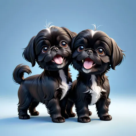 2 Adorable small black Shih Tzu puppies stretching Disney background 3d cartoon 3d render disney pixar style