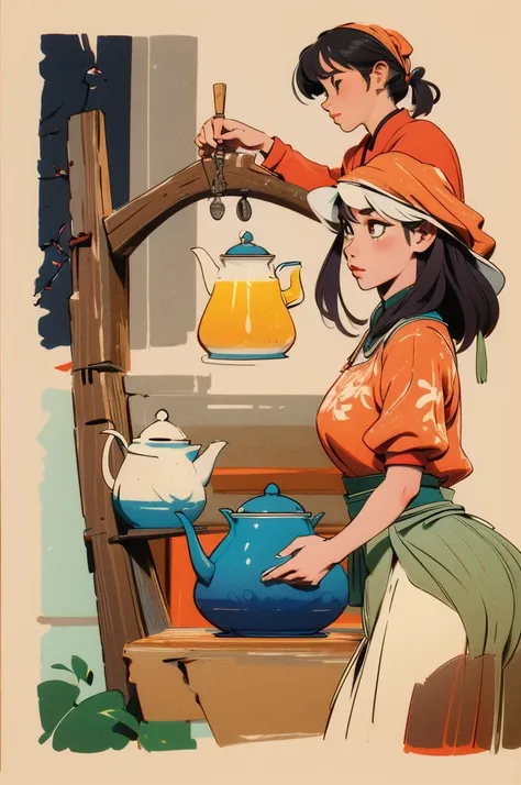 Illustration: simple lines, woodblock print style.  About making Chinese tea Preparing equipment Meticulously draw a teapot, teacup, tea leaves, kettle, and measuring spoon. The artists signature does not appear.