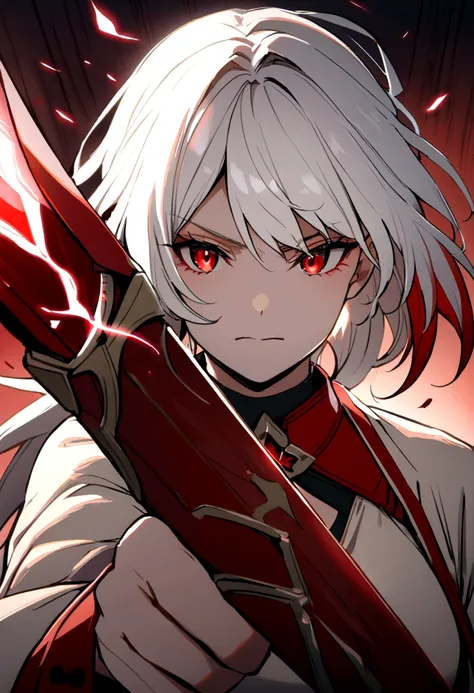 woman with white hair with red streaks, a neutral facial expression, detailed red eyes, holding a large red sword,