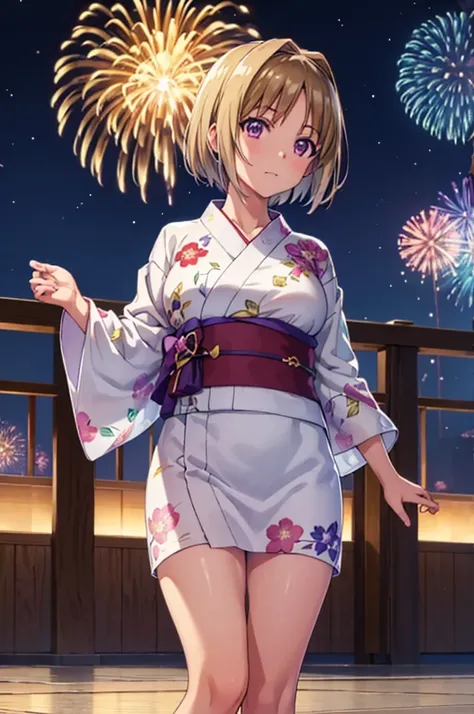 (masterpiece:1.3), (best quality:1.1), (8k, ultra detailed, ultra high res:1.2), ((anime style)), perfect 5 fingers, perfect anatomy, 
1girl,
Kushida Kikyou, 
BREAK short hair, bronze hair, purple eyes,
large breasts, looking at viewer, cowboy shot, standi...