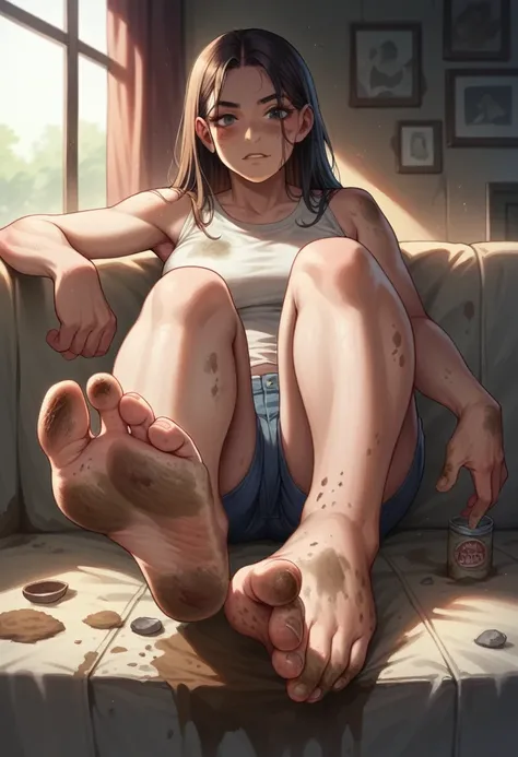 a lady sitting on the sofa，The feet were covered with dirt，Dirt - Skin, dirt stains, Detailed feet POV, Japanese cartoons,comics