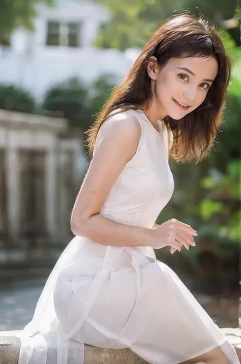 Young girl, white dress, standing