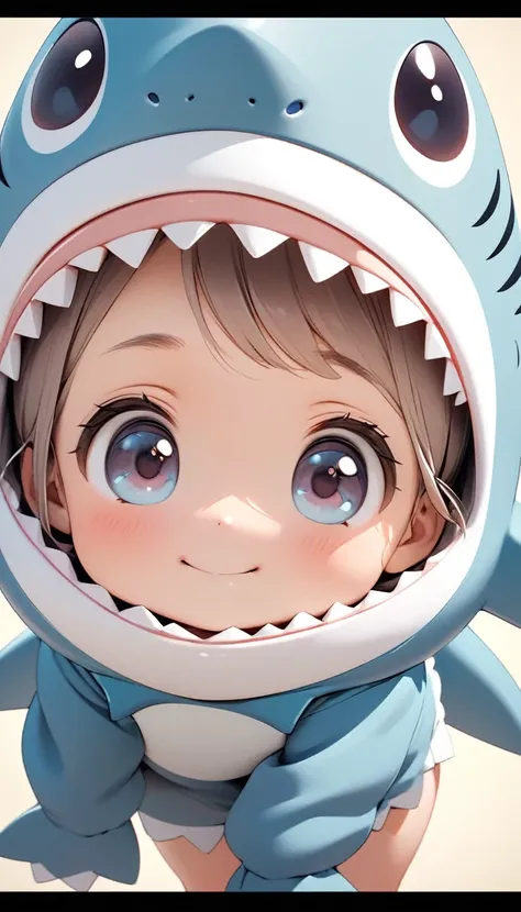 A cute little girl, Wearing a cute shark costume, Tilt your head and look at people with a smile.Close-up of character( Perfect anatomical structure ) Beautiful and extremely fine texture，detailed, bright, Animation style high definition and high quality p...