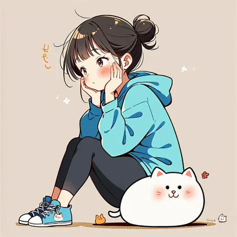 1 Girl, blush, Black Hair, Long sleeve, Brown eyes, shoe, Pants, hood, Hair Bun, from the side, hoodie, contour, animal, black Pants, sit on the floor, single Hair Bun, Fat Cat, hood down, 运动shoe, 粉色shoe类, Put your hands on your face, Put your hands on you...